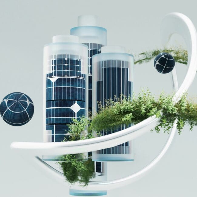 Futuristic concept of green energy with solar-powered buildings and sustainable technology, symbolising the renewable energy transition and innovation in clean power solutions. Ideal for showcasing Navitas Resourcing Group's expertise in green energy recruitment and sustainable workforce solutions.
