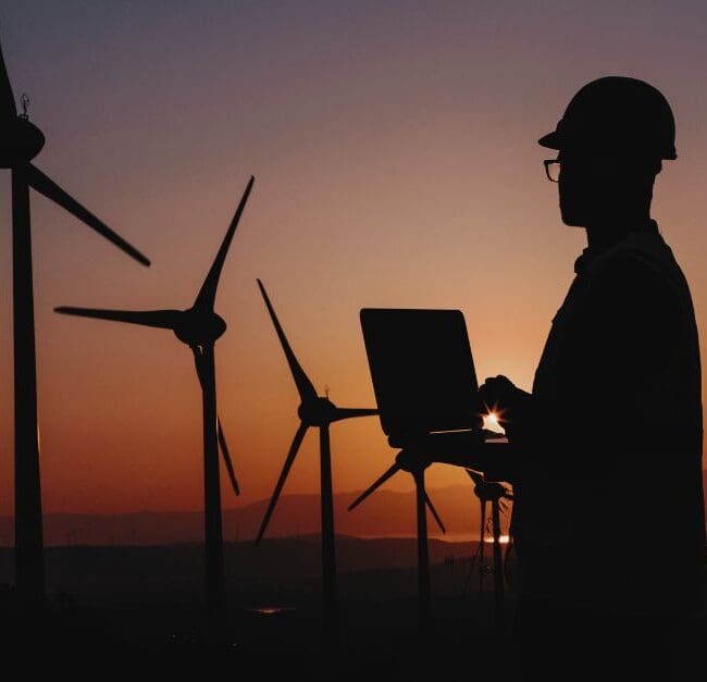 A professional working on a laptop in front of wind turbines during sunset, symbolising the intersection of technology and renewable energy. Navitas Resourcing Group connects top talent to clean energy projects like wind energy.