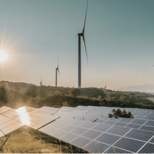 Solar panels and wind turbines harnessing renewable energy at sunrise, representing the clean energy transition and the demand for skilled professionals in the sector. Navitas Resourcing Group connects top talent to drive the future of renewable energy.
