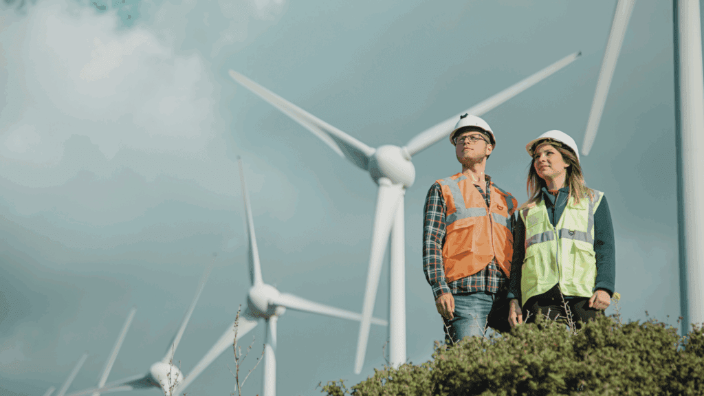 Two renewable energy engineers standing in front of wind turbines, representing the workforce driving the UK’s 2030 climate goals.