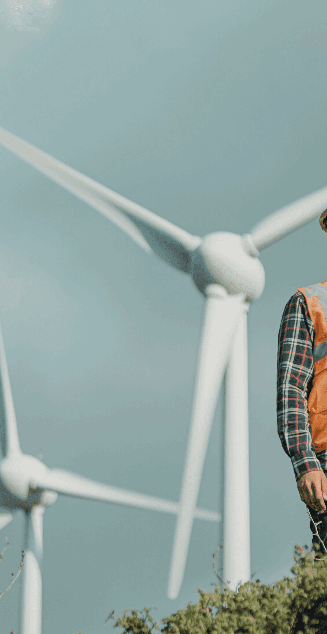Two renewable energy engineers standing in front of wind turbines, representing the workforce driving the UK’s 2030 climate goals.