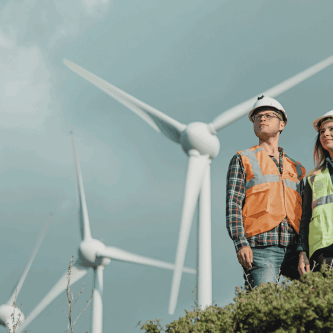 Two renewable energy engineers standing in front of wind turbines, representing the workforce driving the UK’s 2030 climate goals.