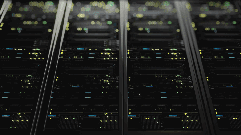 Rows of illuminated data centre servers representing the growing energy demand and shift towards on-site solar power solutions.