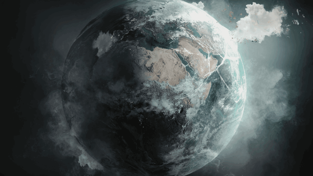 A view of Earth with storm clouds and atmospheric effects, symbolising the global urgency of climate action following COP29.