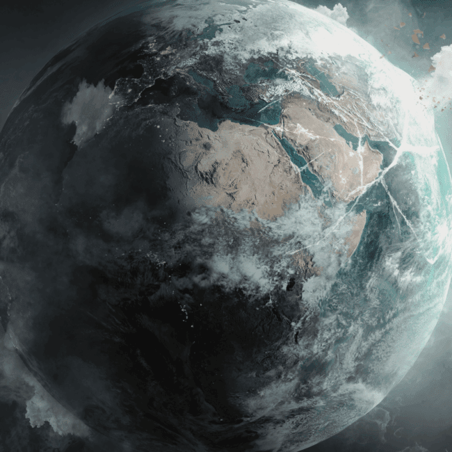 A view of Earth with storm clouds and atmospheric effects, symbolising the global urgency of climate action following COP29.