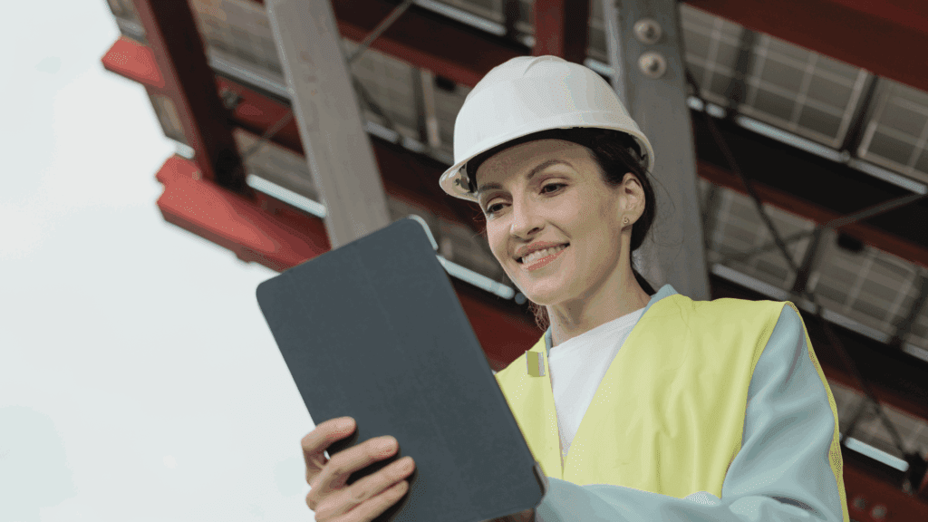 Female engineer wearing a hard hat and high-vis vest, reviewing a digital tablet beneath solar panels - symbolising the growing demand for skilled talent in the clean energy sector.