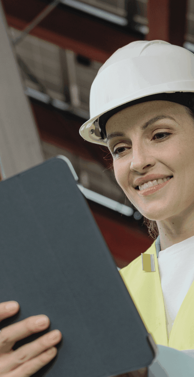 Female engineer wearing a hard hat and high-vis vest, reviewing a digital tablet beneath solar panels - symbolising the growing demand for skilled talent in the clean energy sector.