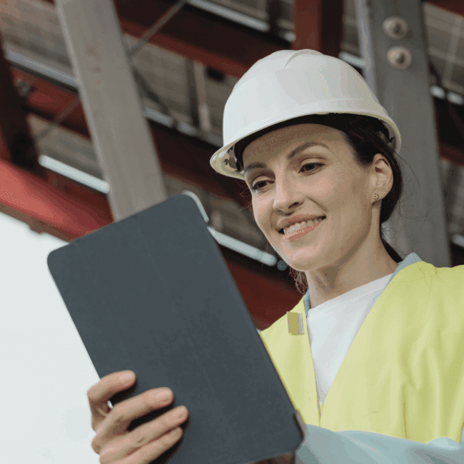 Female engineer wearing a hard hat and high-vis vest, reviewing a digital tablet beneath solar panels - symbolising the growing demand for skilled talent in the clean energy sector.