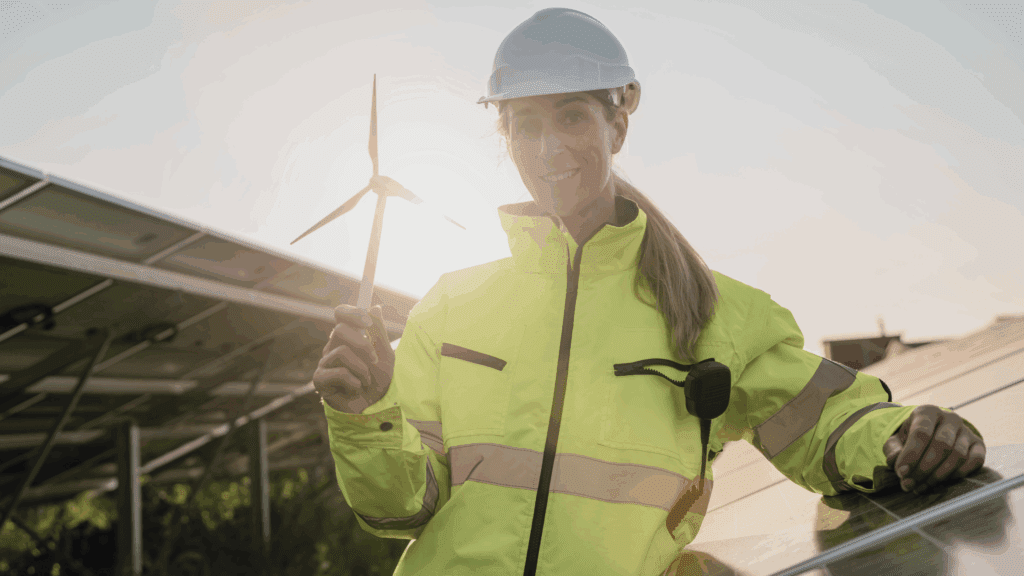 Female renewable energy professional in high-visibility gear holding a wind turbine model, standing beside solar panels - representing hiring challenges and solutions in the clean energy sector.