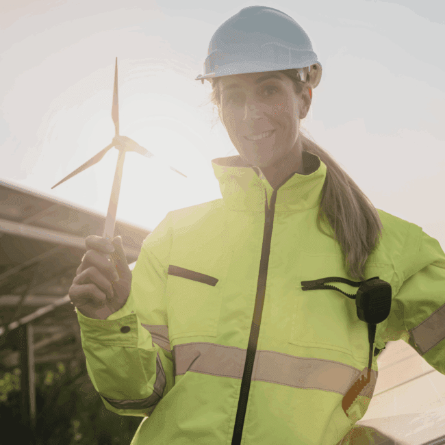 Female renewable energy professional in high-visibility gear holding a wind turbine model, standing beside solar panels - representing hiring challenges and solutions in the clean energy sector.