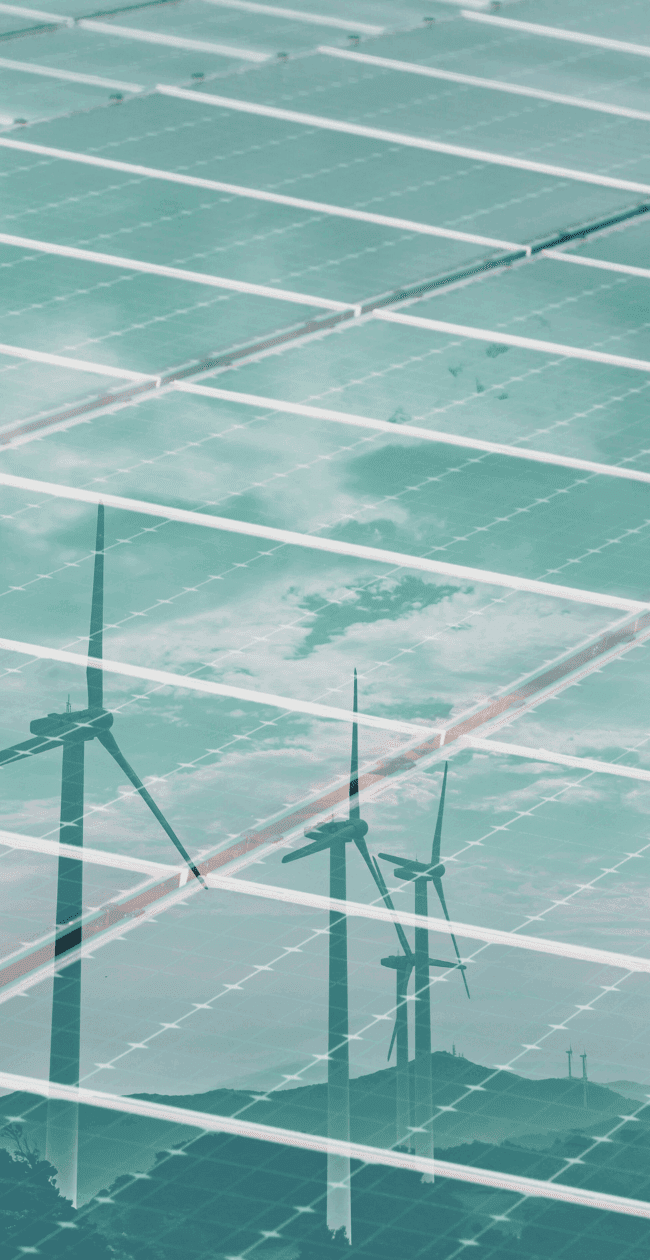 Solar panels overlaid with wind turbines, symbolising clean energy infrastructure and the sectors Navitas Resourcing Group supports through specialist recruitment.