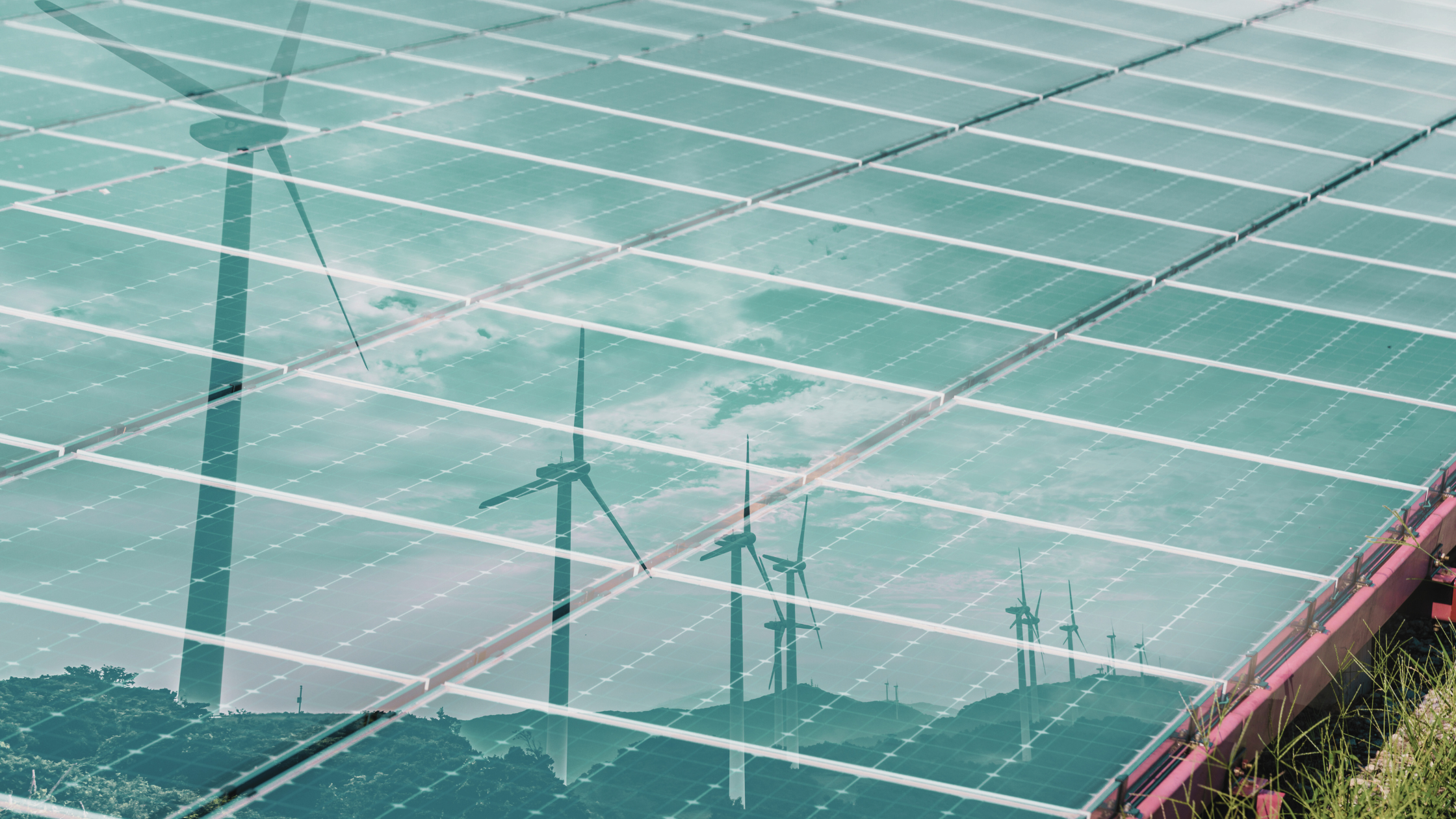 Solar panels overlaid with wind turbines, symbolising clean energy infrastructure and the sectors Navitas Resourcing Group supports through specialist recruitment.