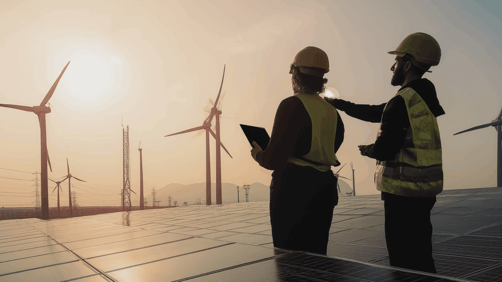 Two renewable energy professionals discussing a wind and solar project, highlighting the importance of clear communication and candidate expectations on site