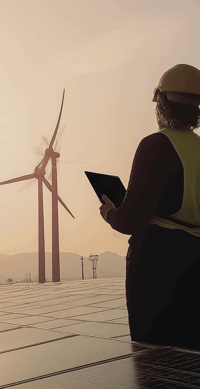 Two renewable energy professionals discussing a wind and solar project, highlighting the importance of clear communication and candidate expectations on site
