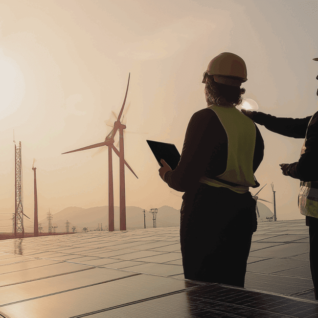 Two renewable energy professionals discussing a wind and solar project, highlighting the importance of clear communication and candidate expectations on site