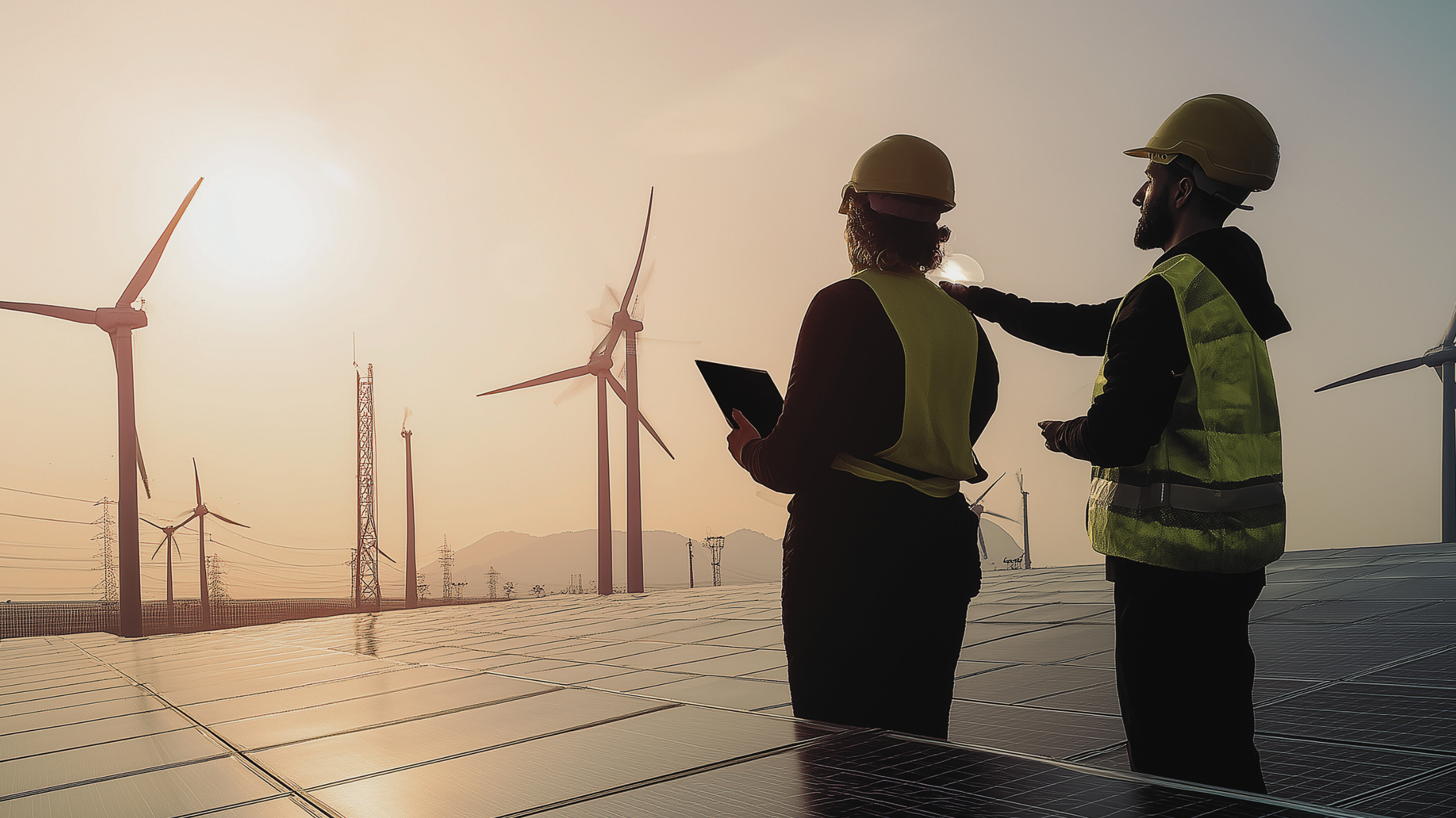 Two renewable energy professionals discussing a wind and solar project, highlighting the importance of clear communication and candidate expectations on site
