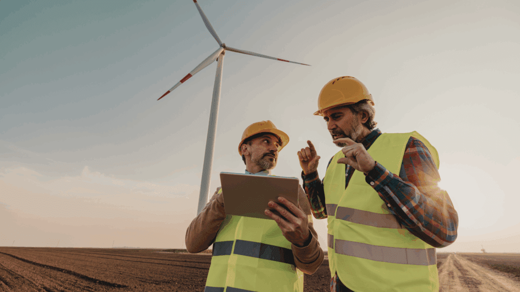 Two renewable energy professionals reviewing project plans during onboarding at a wind farm site