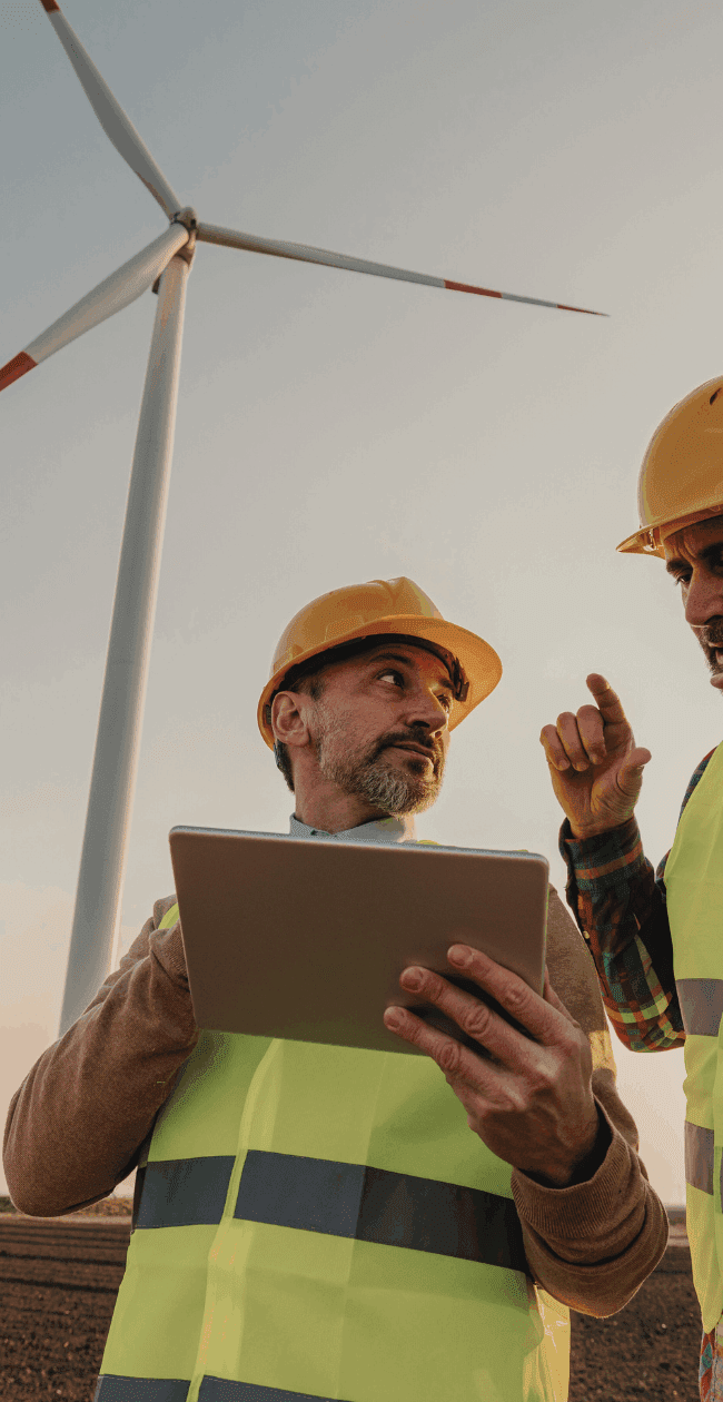 Two renewable energy professionals reviewing project plans during onboarding at a wind farm site