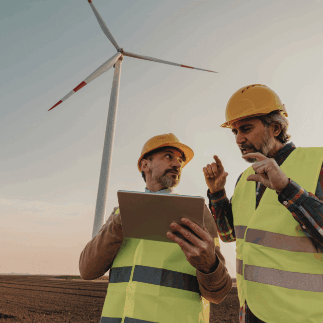 Two renewable energy professionals reviewing project plans during onboarding at a wind farm site