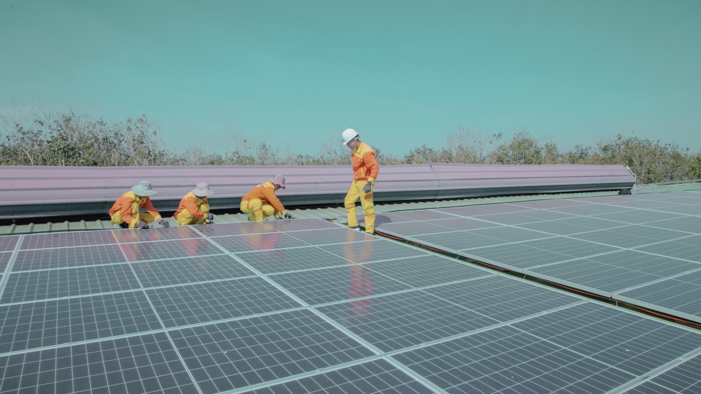 Workers installing solar panels on a large utility-scale project site, symbolising the rapid growth of U.S. solar capacity and demand for renewable energy talent in 2025.