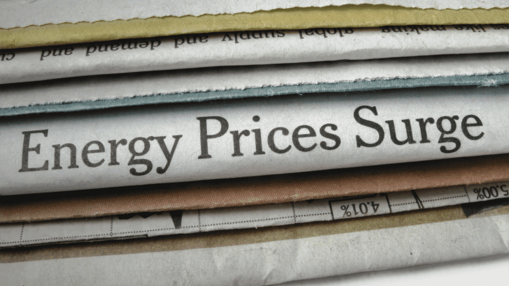 A close-up of a newspaper headline reading “Energy Prices Surge”, representing the impact of rising electricity costs on the UK’s net zero goals and renewable workforce.