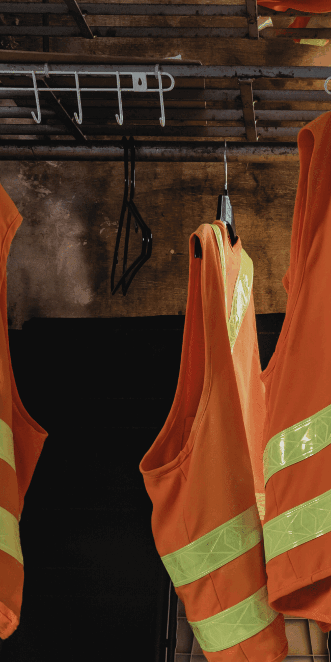 High-visibility safety jackets hanging in a workplace, symbolising HSE contractors in Europe