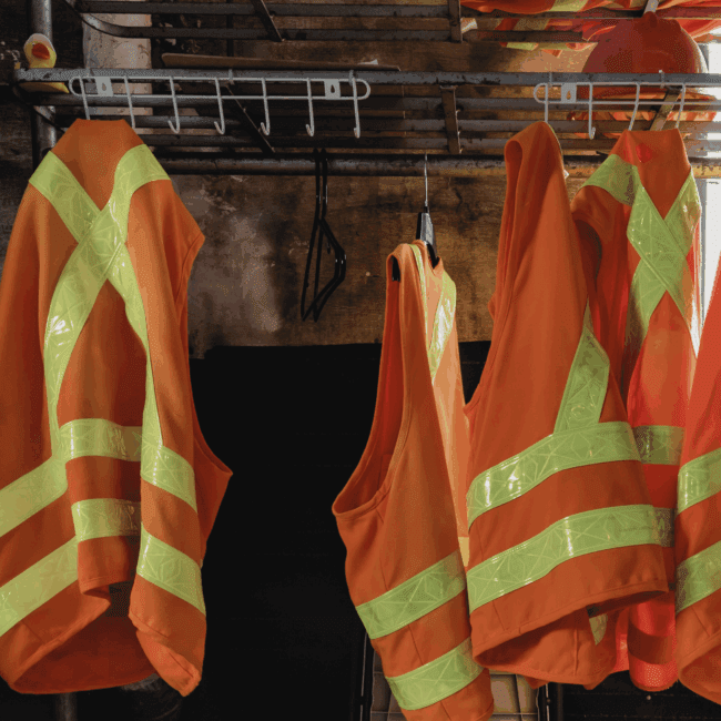 High-visibility safety jackets hanging in a workplace, symbolising HSE contractors in Europe