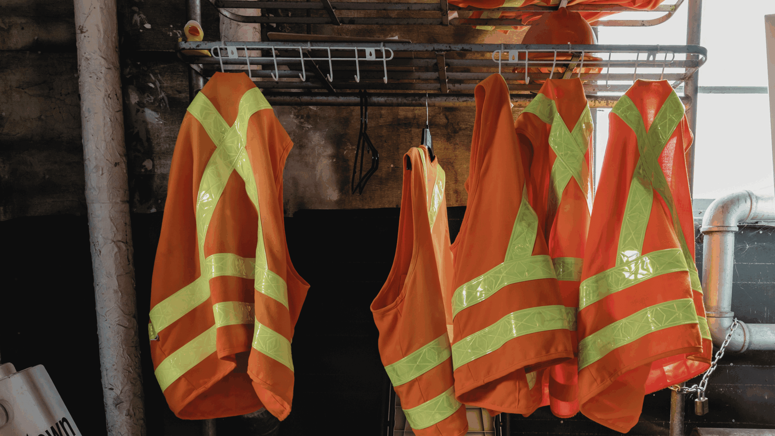 High-visibility safety jackets hanging in a workplace, symbolising HSE contractors in Europe