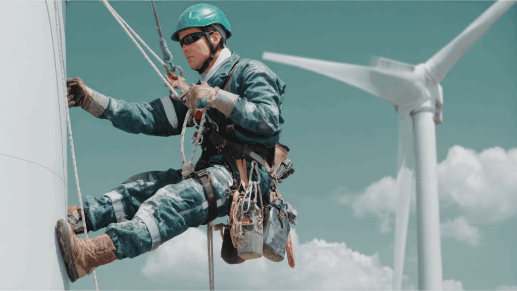 HSE contractor working on a wind turbine during a renewable energy project
