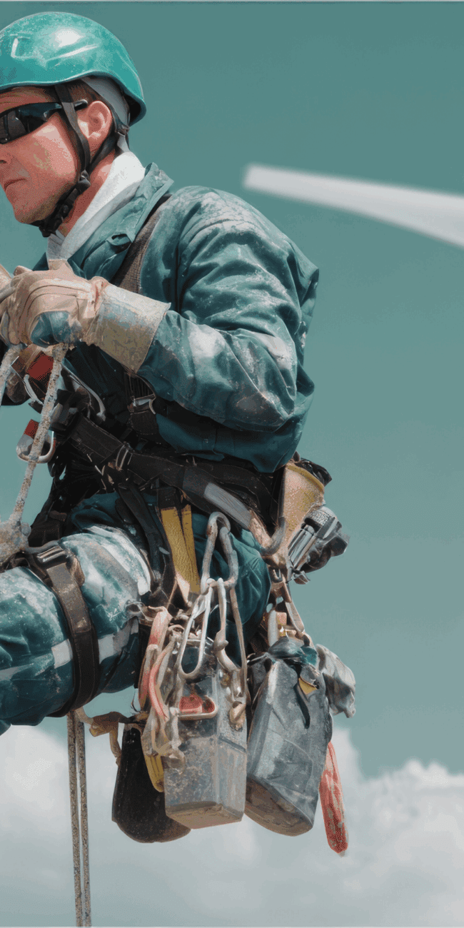 HSE contractor working on a wind turbine during a renewable energy project