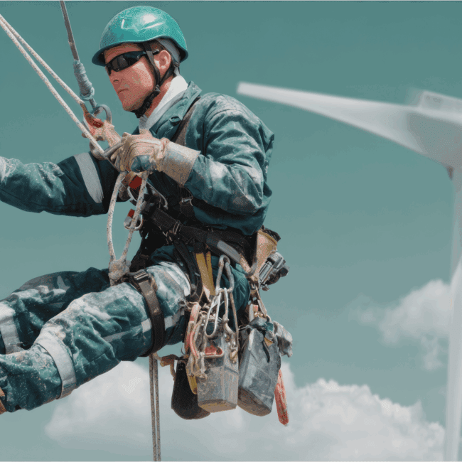 HSE contractor working on a wind turbine during a renewable energy project