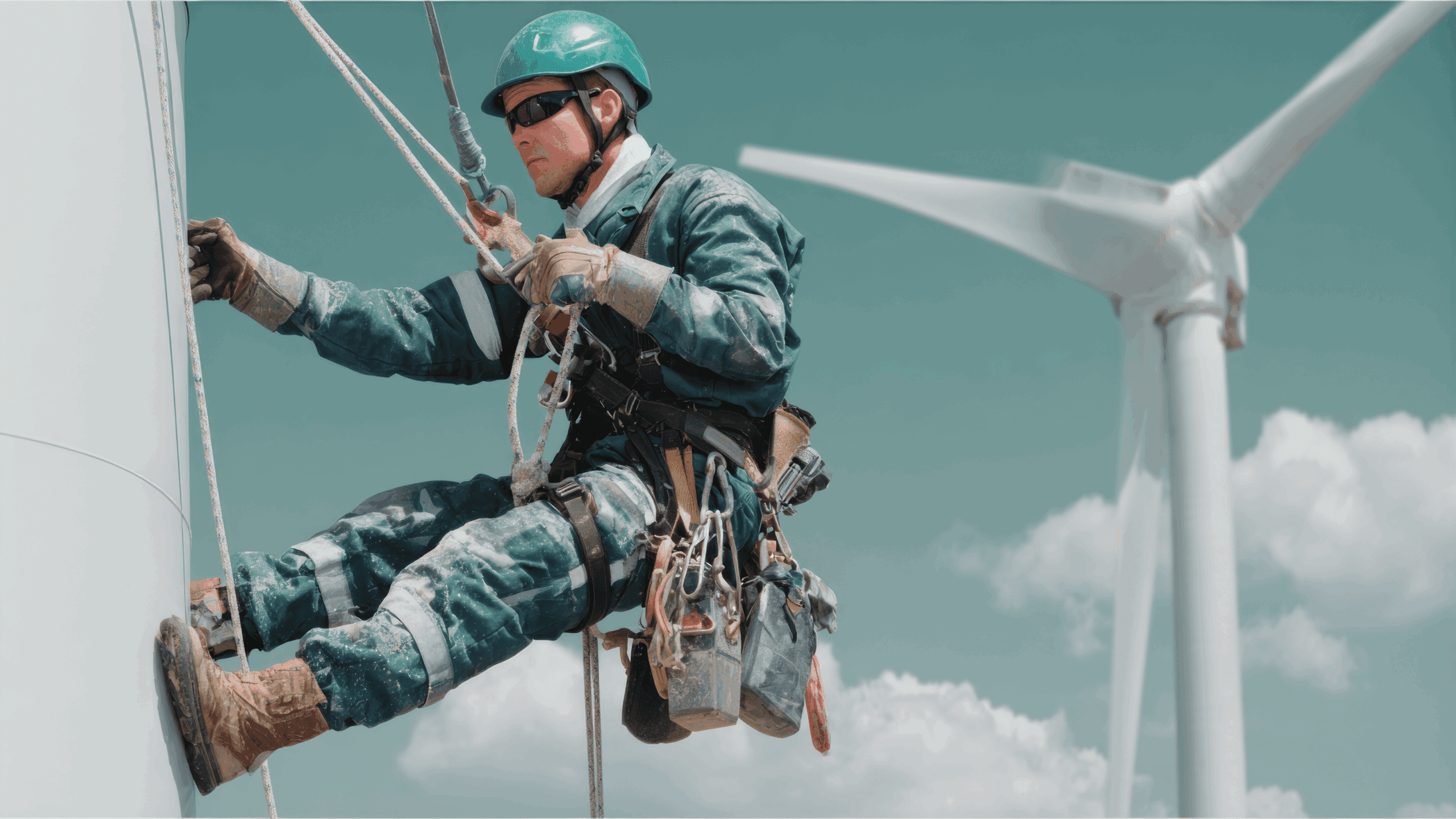 HSE contractor working on a wind turbine during a renewable energy project