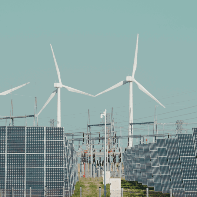 Wind turbines and solar panels at a renewable energy facility generating clean power