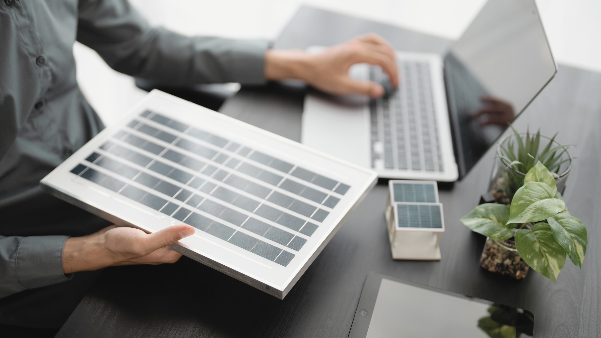 A renewable energy professional holding a solar panel while researching clean energy career opportunities on a laptop.