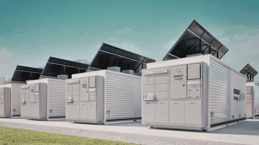 Battery energy storage system units at a solar-powered facility supporting renewable energy projects.