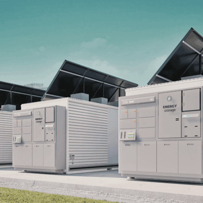 Battery energy storage system units at a solar-powered facility supporting renewable energy projects.