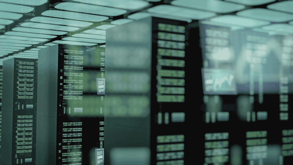 Modern data centre server racks with digital displays and green system indicators