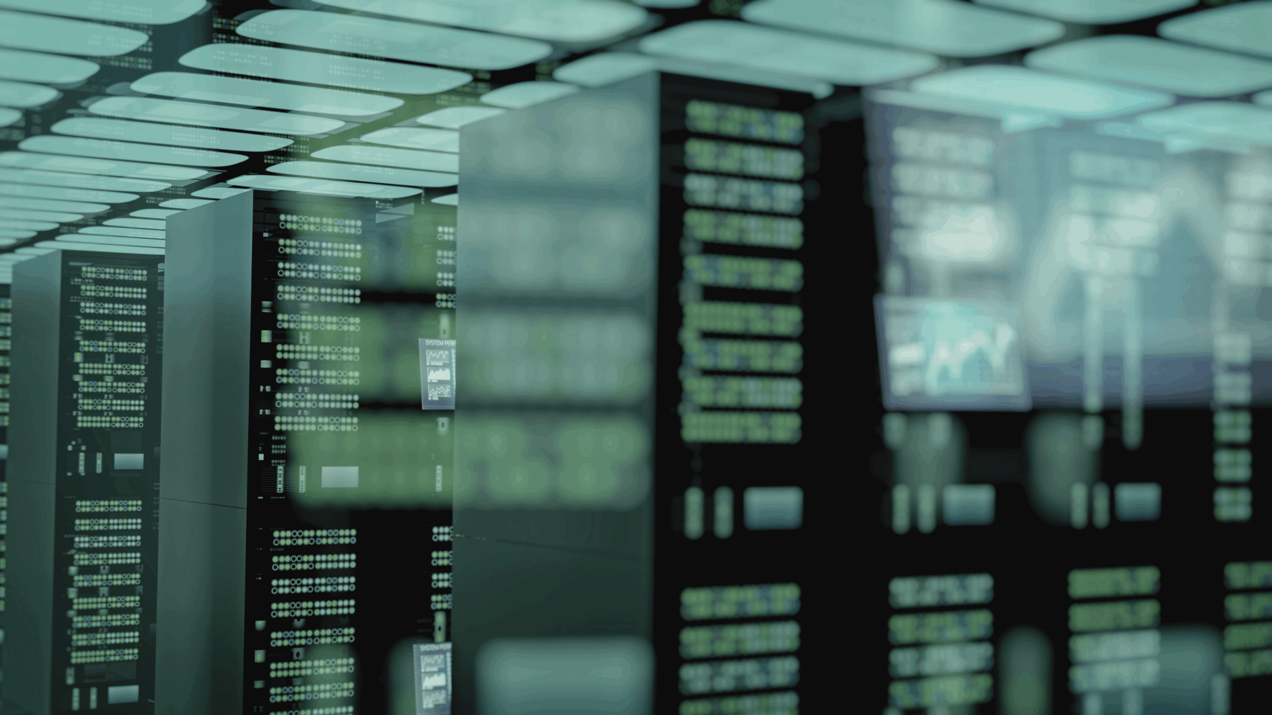 Modern data centre server racks with digital displays and green system indicators