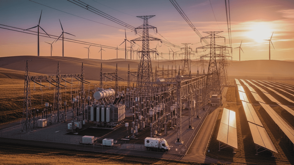 Grid substation with transmission lines, wind turbines and solar panels illustrating how power availability and grid capacity influence infrastructure location strategy in 2026.