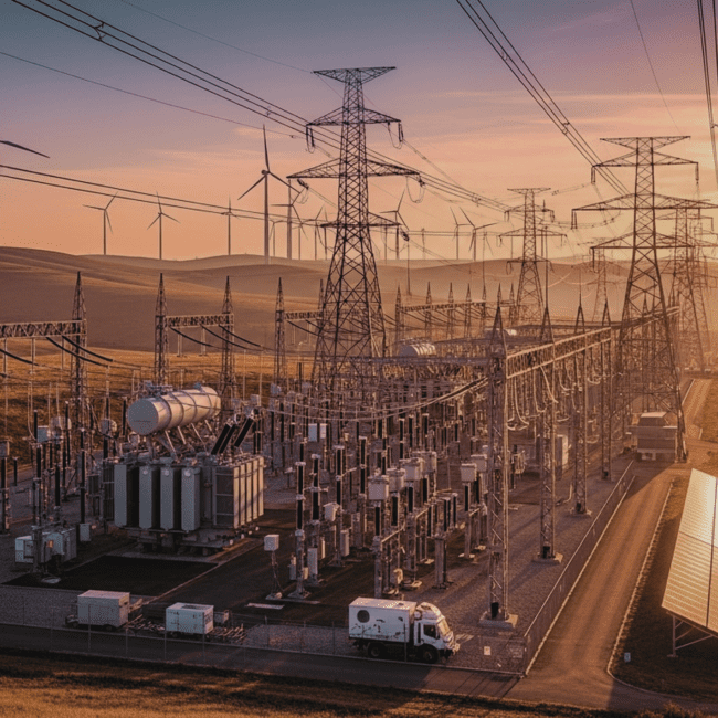Grid substation with transmission lines, wind turbines and solar panels illustrating how power availability and grid capacity influence infrastructure location strategy in 2026.