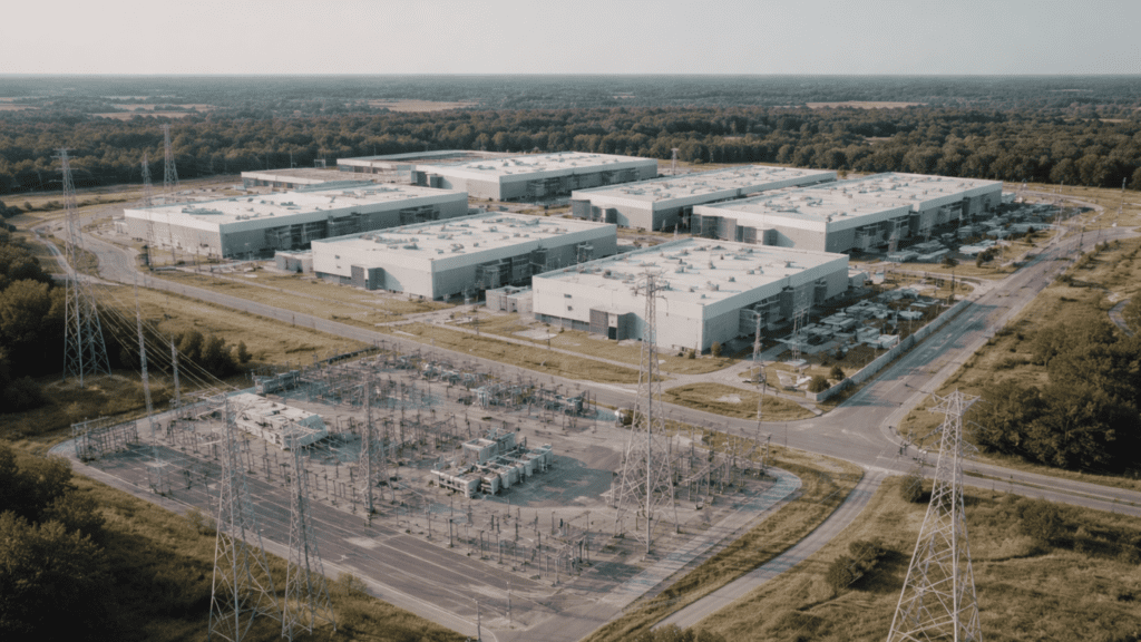 Aerial view of a large data centre campus connected to a high-voltage grid substation and transmission lines, illustrating how power availability and grid capacity shape infrastructure location strategy.
