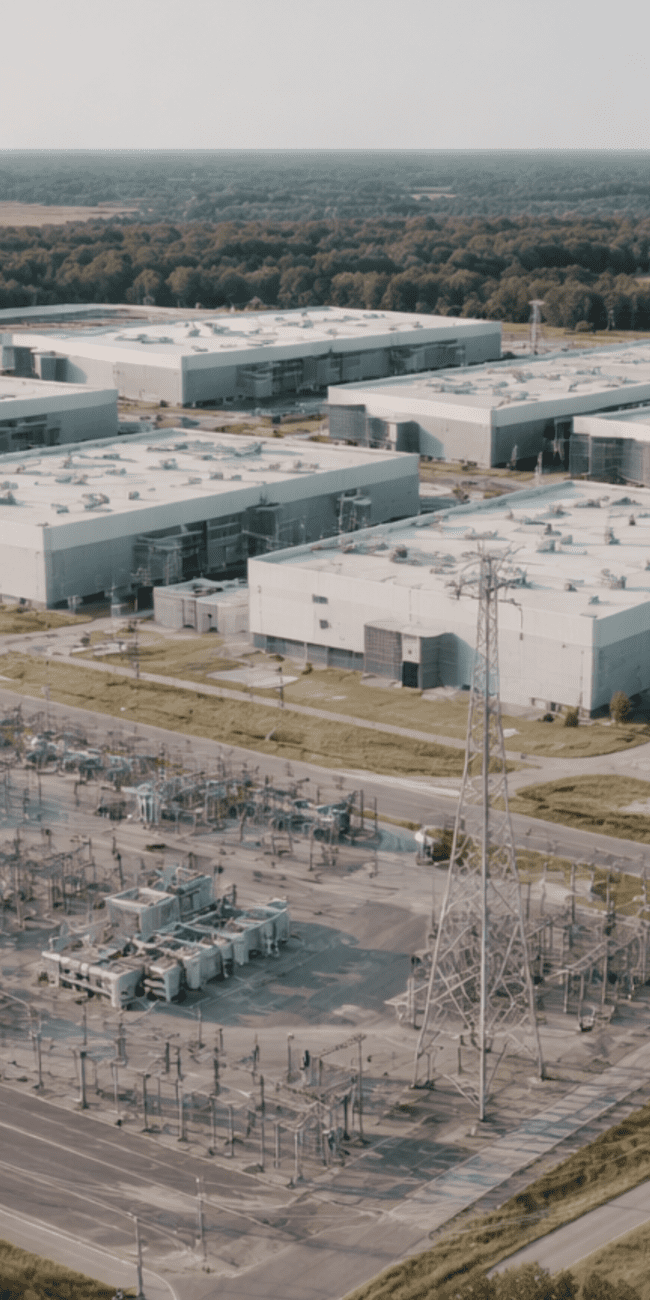 Aerial view of a large data centre campus connected to a high-voltage grid substation and transmission lines, illustrating how power availability and grid capacity shape infrastructure location strategy.