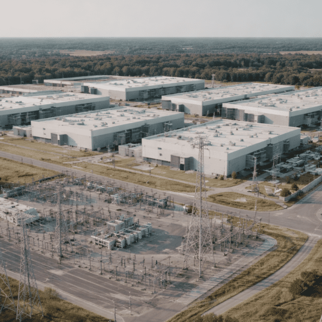 Aerial view of a large data centre campus connected to a high-voltage grid substation and transmission lines, illustrating how power availability and grid capacity shape infrastructure location strategy.