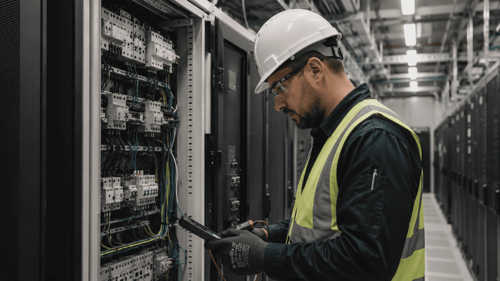 Electrical engineer inspecting power and control systems within a modern data centre, highlighting the growing demand for electrical expertise across digital infrastructure projects.