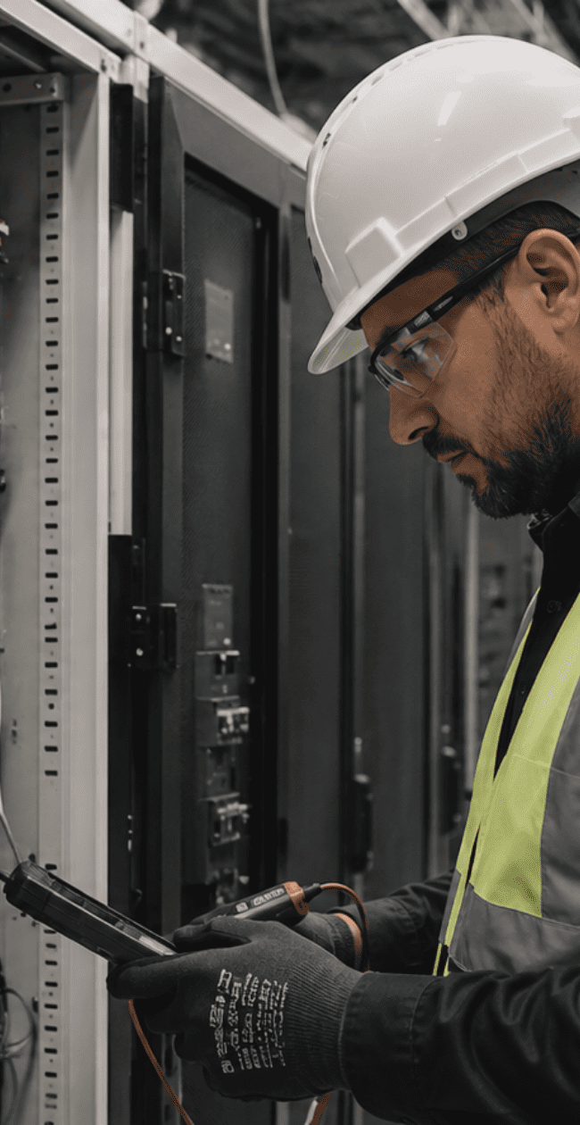 Electrical engineer inspecting power and control systems within a modern data centre, highlighting the growing demand for electrical expertise across digital infrastructure projects.