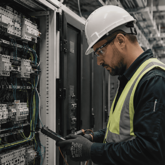 Electrical engineer inspecting power and control systems within a modern data centre, highlighting the growing demand for electrical expertise across digital infrastructure projects.