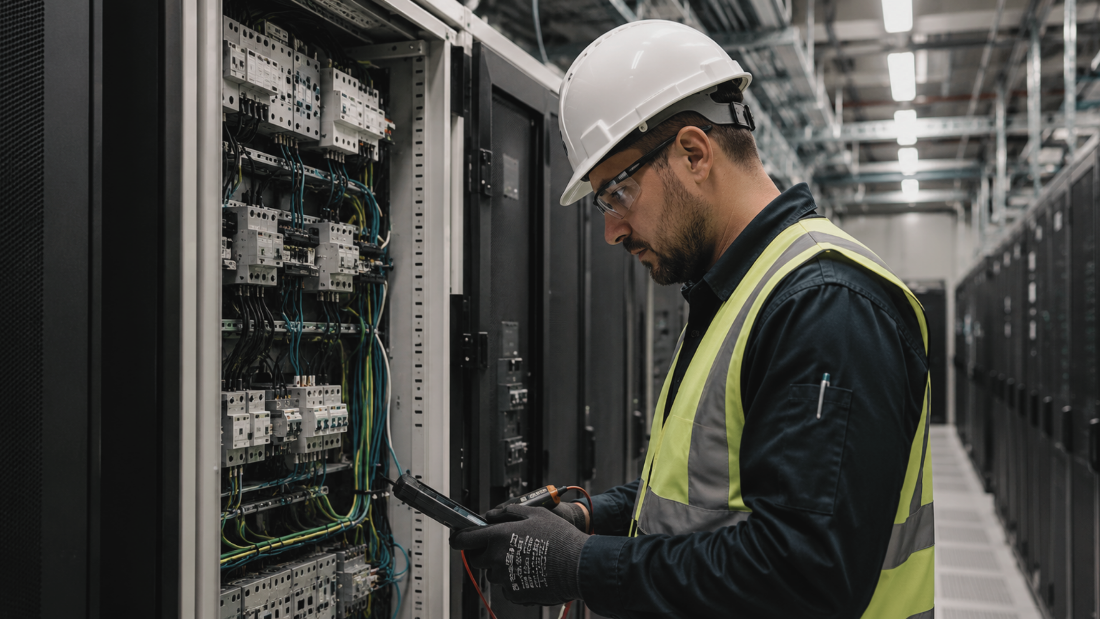 Electrical engineer inspecting power and control systems within a modern data centre, highlighting the growing demand for electrical expertise across digital infrastructure projects.