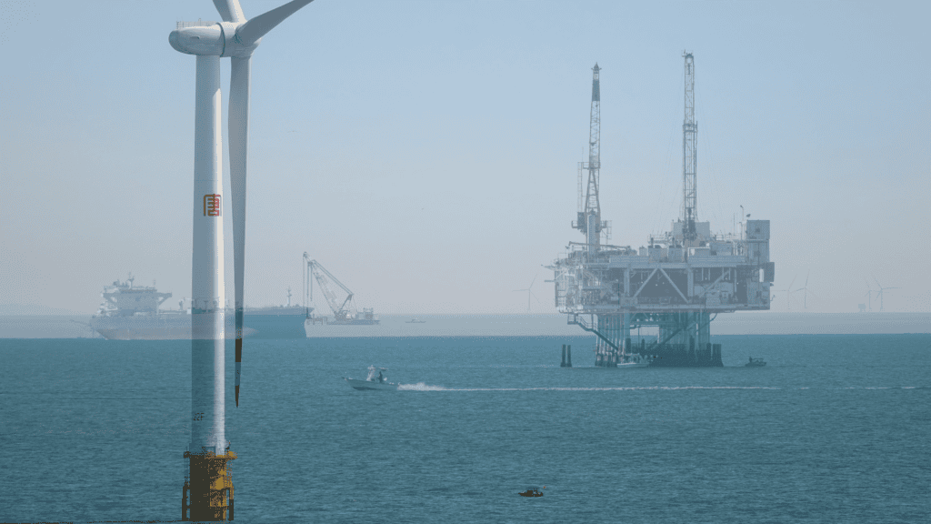 Offshore wind turbine, offshore platform and installation vessels supporting renewable energy infrastructure in the North Sea.