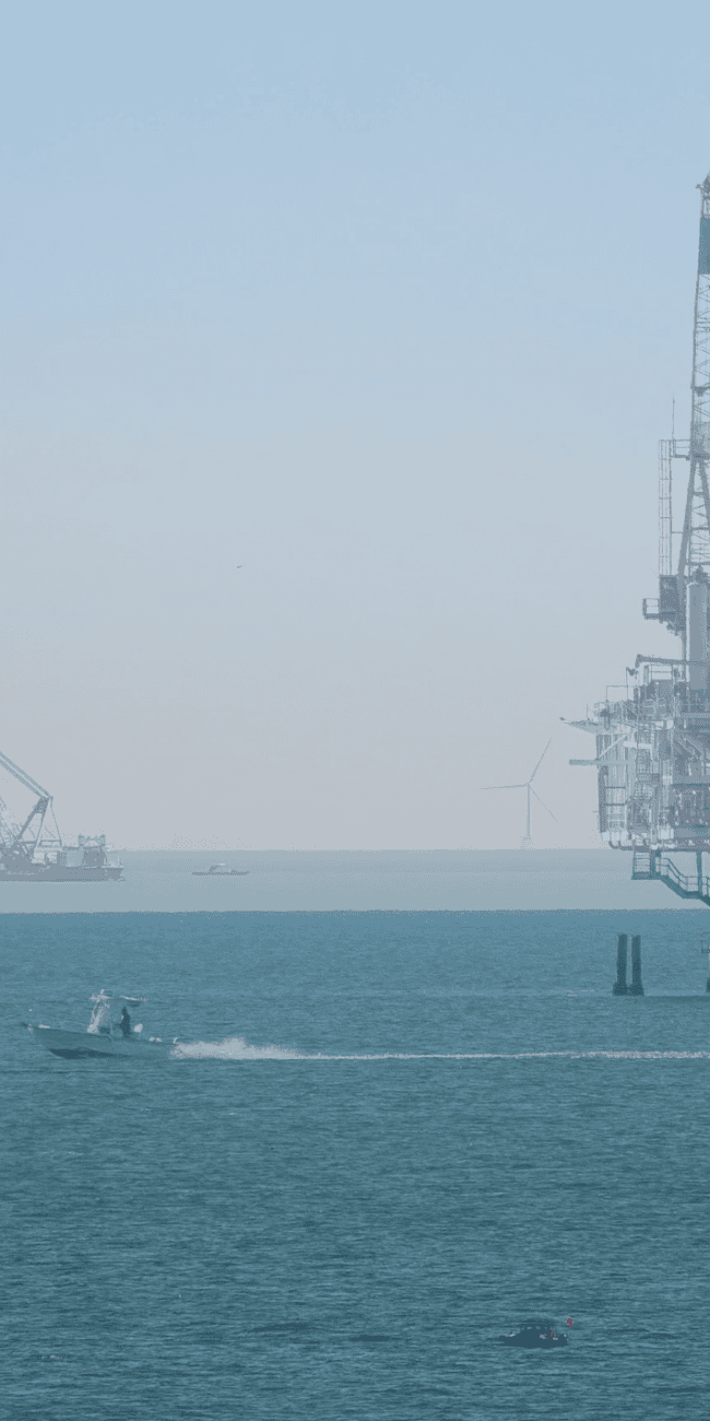 Offshore wind turbine, offshore platform and installation vessels supporting renewable energy infrastructure in the North Sea.