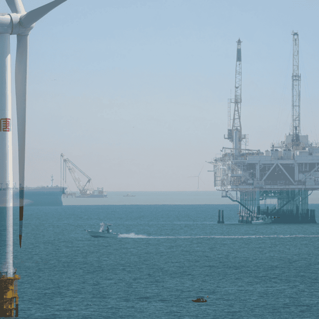 Offshore wind turbine, offshore platform and installation vessels supporting renewable energy infrastructure in the North Sea.